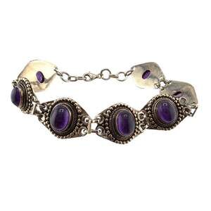 NWT 925 Sterling Silver Amethyst Filigree Bracelet Bezel Set Gemstone Boho